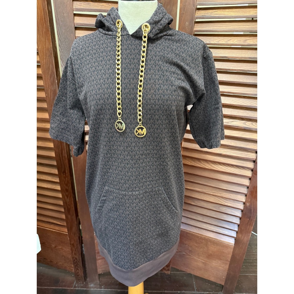 Michael Kors MK Monogram Hoodie Dress Brown Gold Chain Logo Print XS